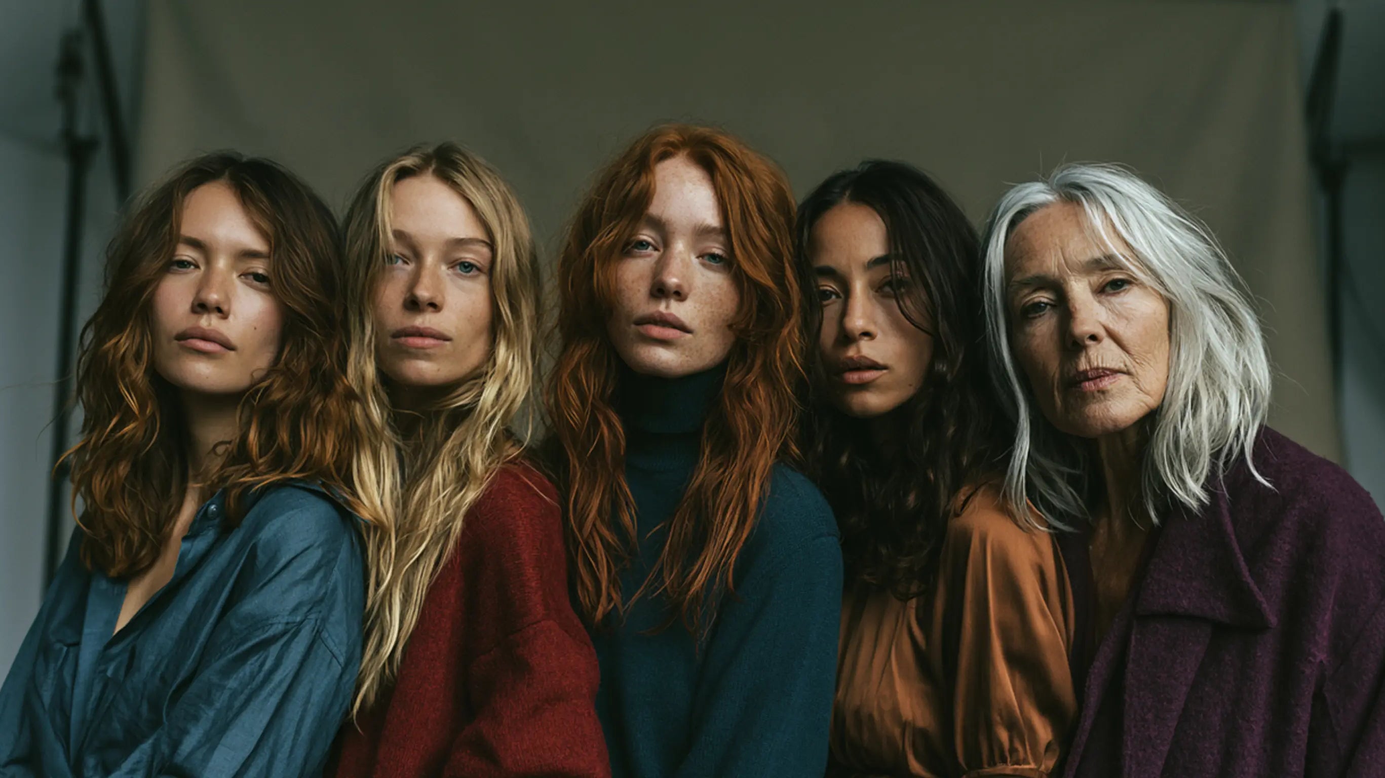 Fünf Frauen mit unterschiedlichen Haarfarben — Braun, Blond, Rot, Schwarz, Grau — Editorial-Diversity-Aufnahme