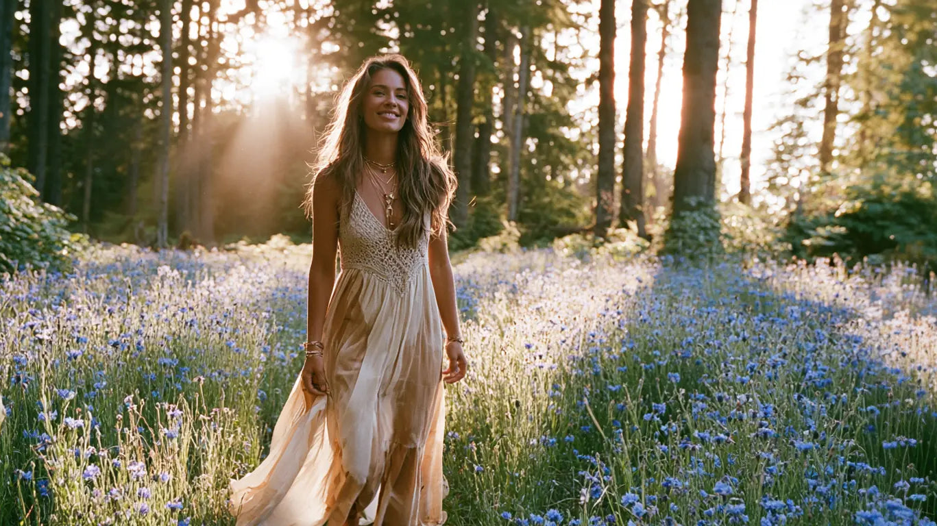 Frau im cremefarbenen Boho-Maxikleid mit Häkeldetail in einer Kornblumenwiese am Waldrand im goldenen Gegenlicht – KI-Illustration