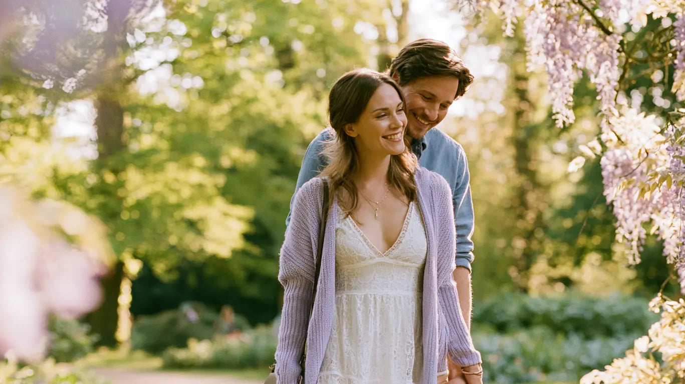 Braut im weißen Spitzenkleid mit fliederfarbenem Strickcardigan, Hand in Hand mit ihrem Partner in einem sonnigen Park voller Glyzinien – KI-Illustration
