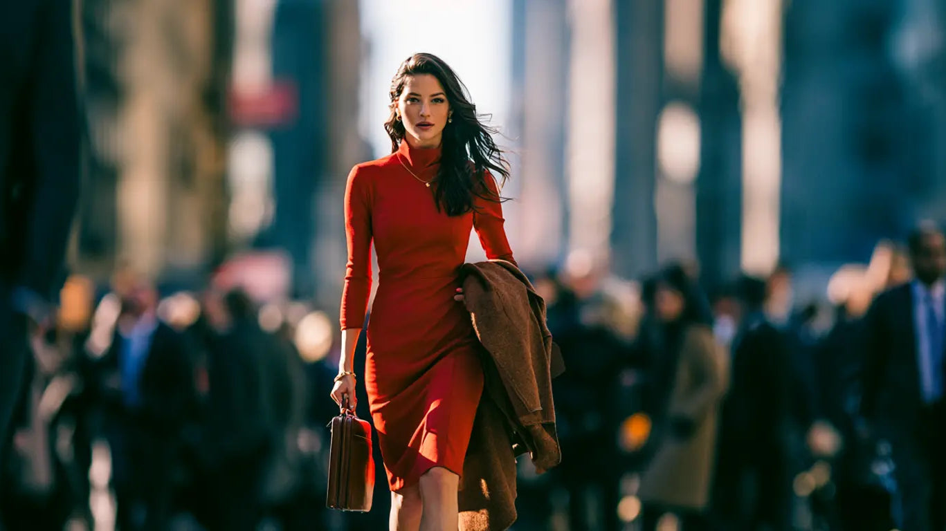 Frau im roten Business-Etuikleid mit Aktentasche und braunem Mantel über dem Arm, im Catwalk-Walk durch eine belebte New Yorker Straße voller Anzugträger – KI-Illustration