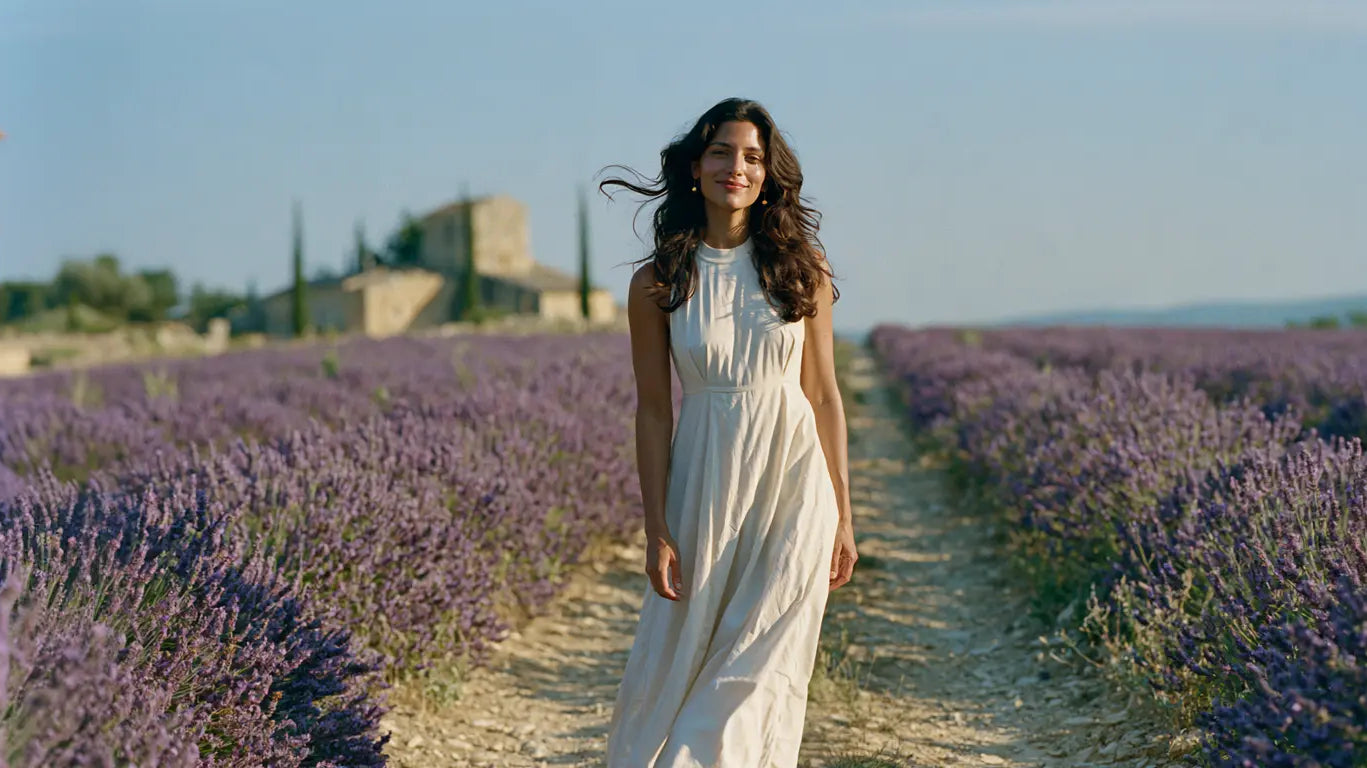 Frau mit dunklem Haar im cremefarbenen ärmellosen Sommerkleid auf einem Weg zwischen blühenden Lavendelfeldern in der Provence – KI-Illustration