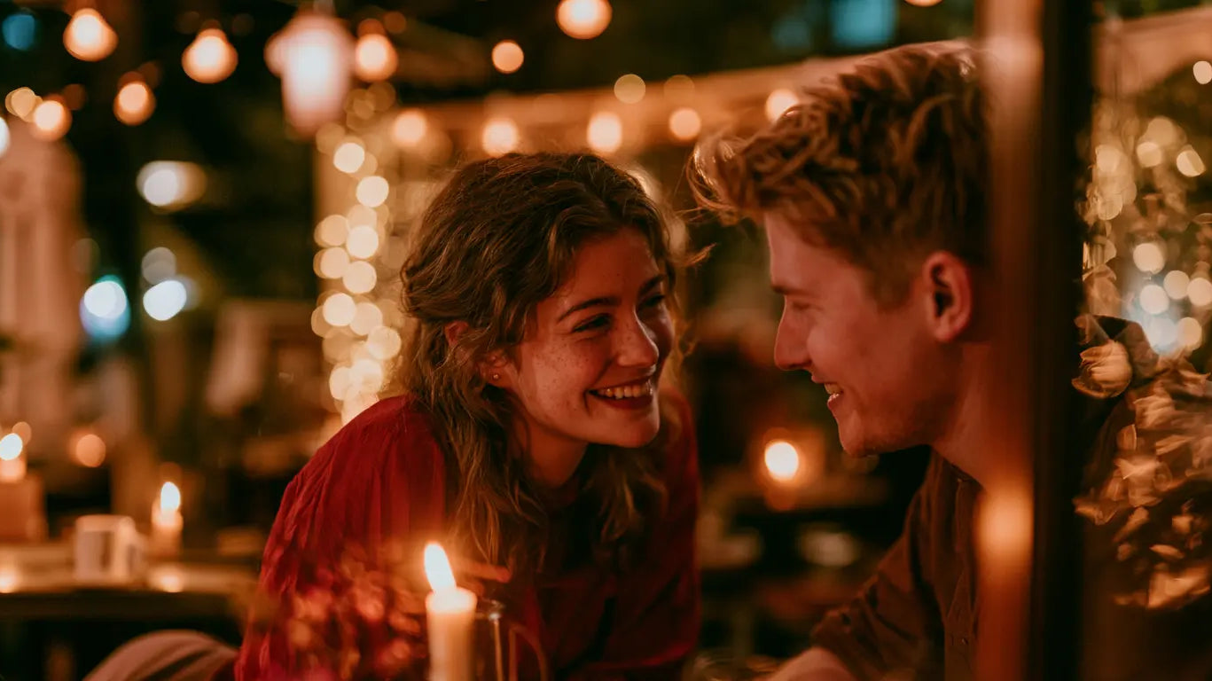 Junges Paar beim ersten Date im Kerzenlicht, sie in Rot, beide verliebt lachend – KI-Illustration