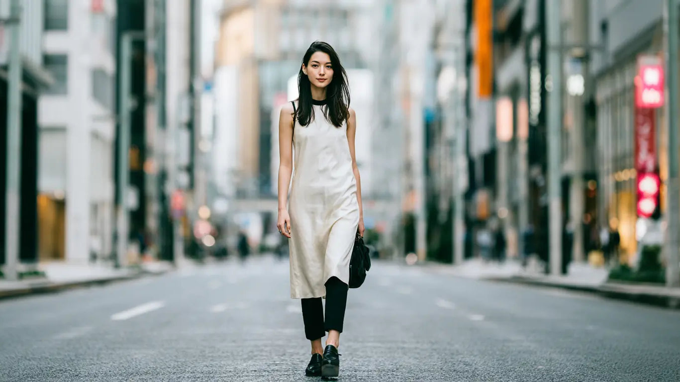 Frau im cremefarbenen Kleid über schmaler schwarzer Hose im minimalistischen Tokyo-Streetstyle auf leerer Straße – KI-Illustration