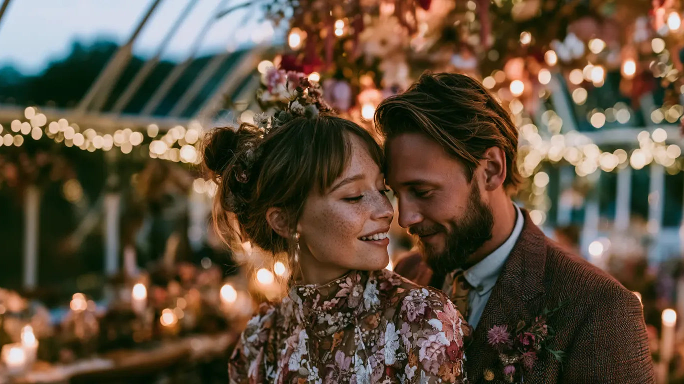 Junges Paar Stirn an Stirn bei einer Vintage-Hochzeit unter Lichterketten und Blumen – KI-Illustration