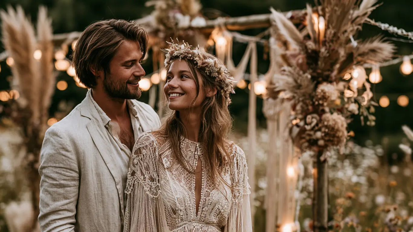 Boho-Brautpaar mit Blumenkranz und Leinenanzug vor einer Makramee-Kulisse mit Pampasgras – KI-Illustration