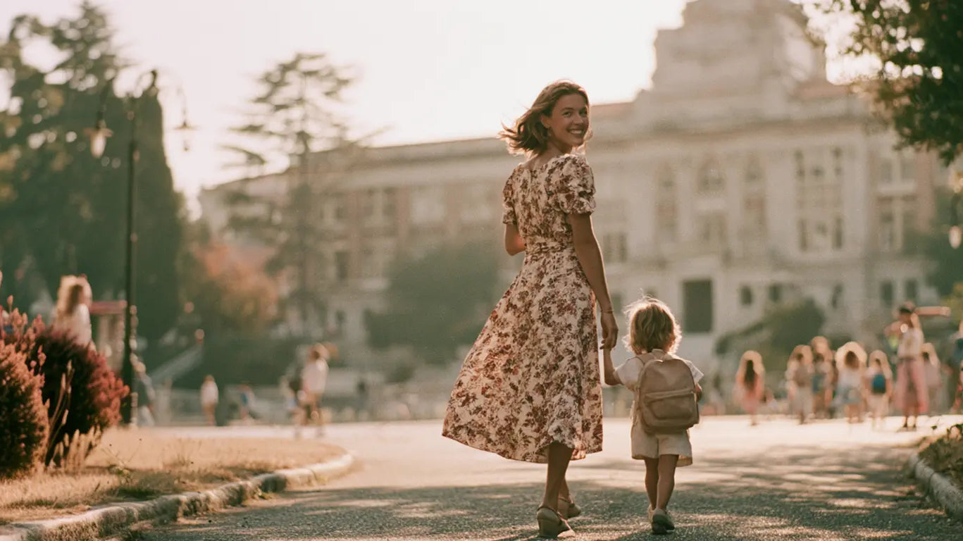 Mutter im floralen Midikleid dreht sich lächelnd um, während sie ihr Kind mit Schulranzen zur Schule begleitet – KI-Illustration