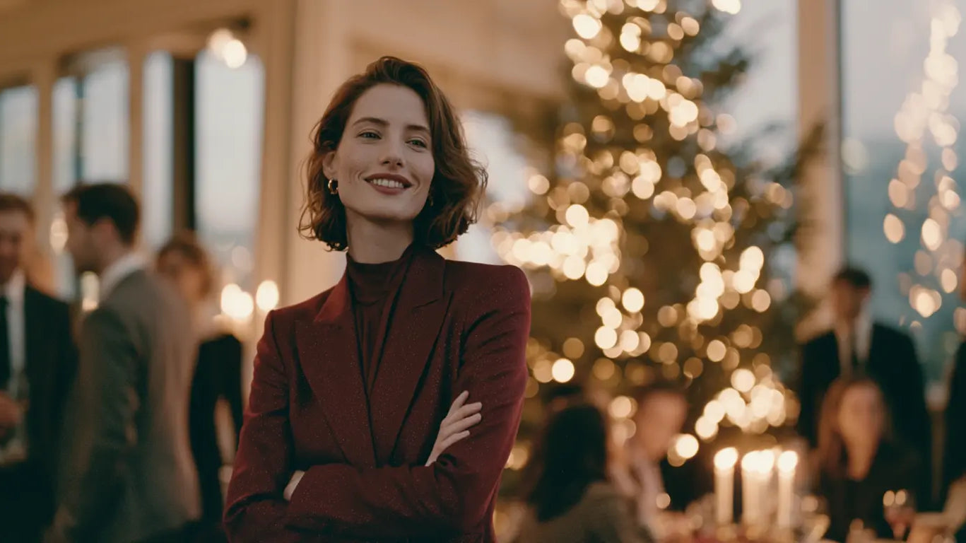 Frau im eleganten weinroten Zweiteiler vor dem Christbaum bei der Firmenweihnachtsfeier – KI-Illustration