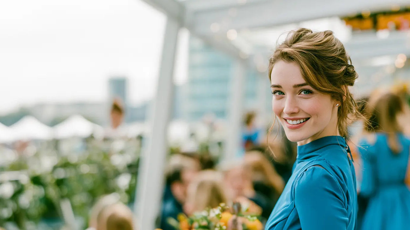 Frau im blauen Kleid mit hohem Ausschnitt auf einer festlichen Jugendweihe-Terrasse – KI-Illustration