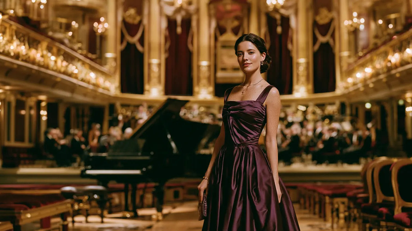 Frau im auberginefarbenen Abendkleid im opulenten Konzertsaal, hinter ihr Flügel und Orchester – KI-Illustration