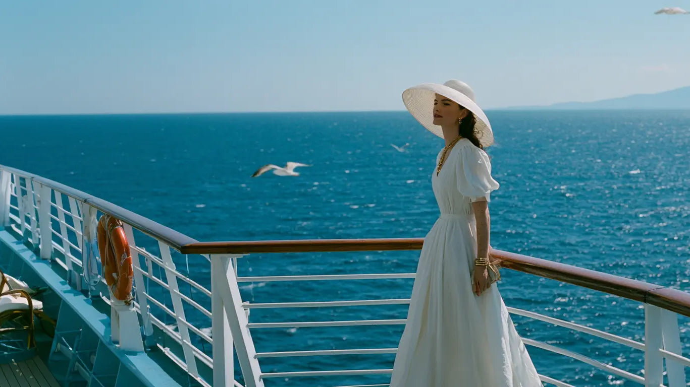 Frau im weißen Sommerkleid mit großem Strohhut an der Reling eines Kreuzfahrtschiffs vor blauem Meer – KI-Illustration