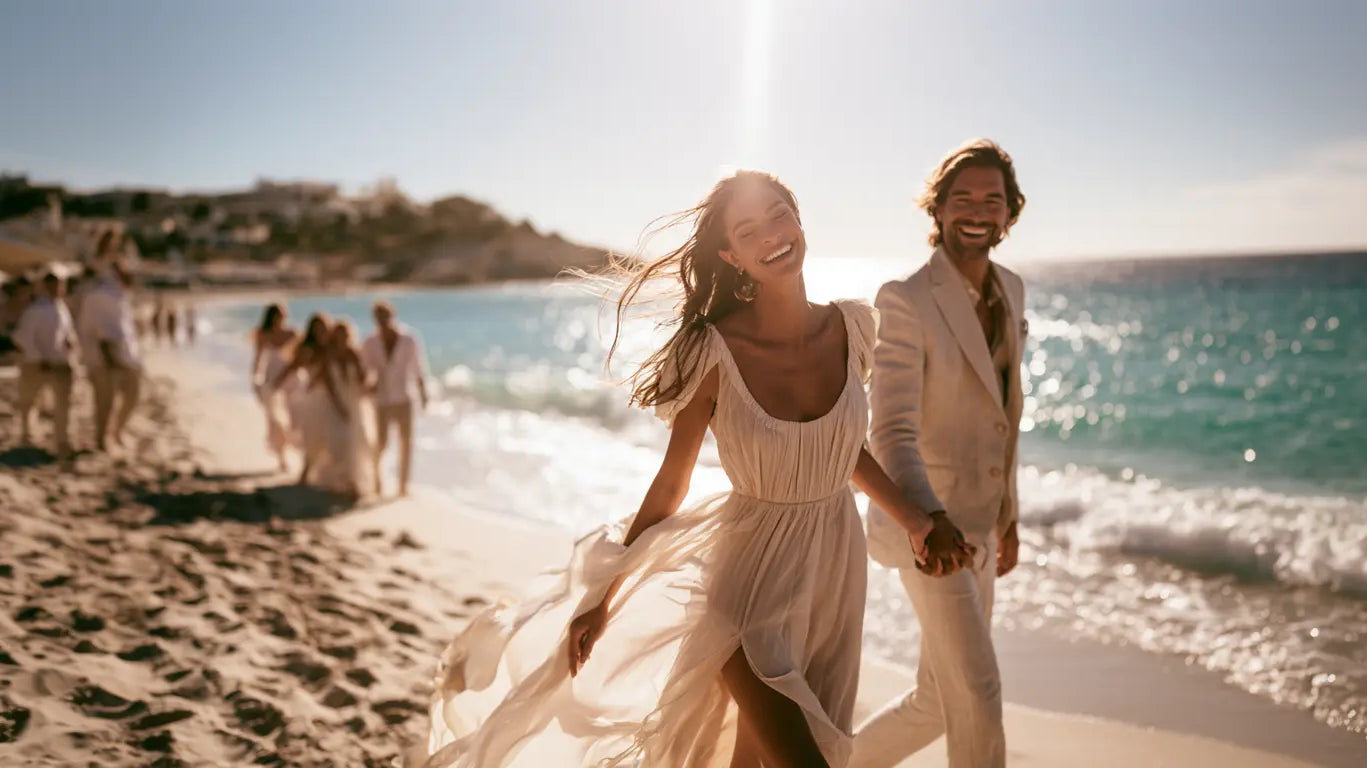 Lachendes Brautpaar läuft Hand in Hand über den sonnigen Strand am türkisen Meer – KI-Illustration