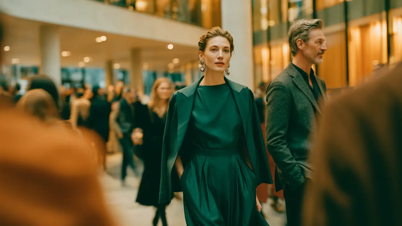 Frau im smaragdgrünen Look mit Cape neben ihrem Begleiter im belebten modernen Theaterfoyer – KI-Illustration