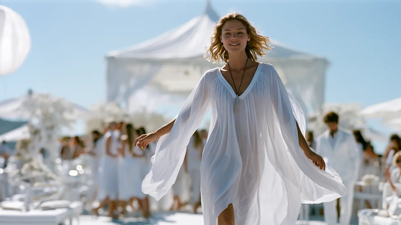 Frau in fließender weißer Tunika auf einer sommerlichen White Party – KI-Illustration