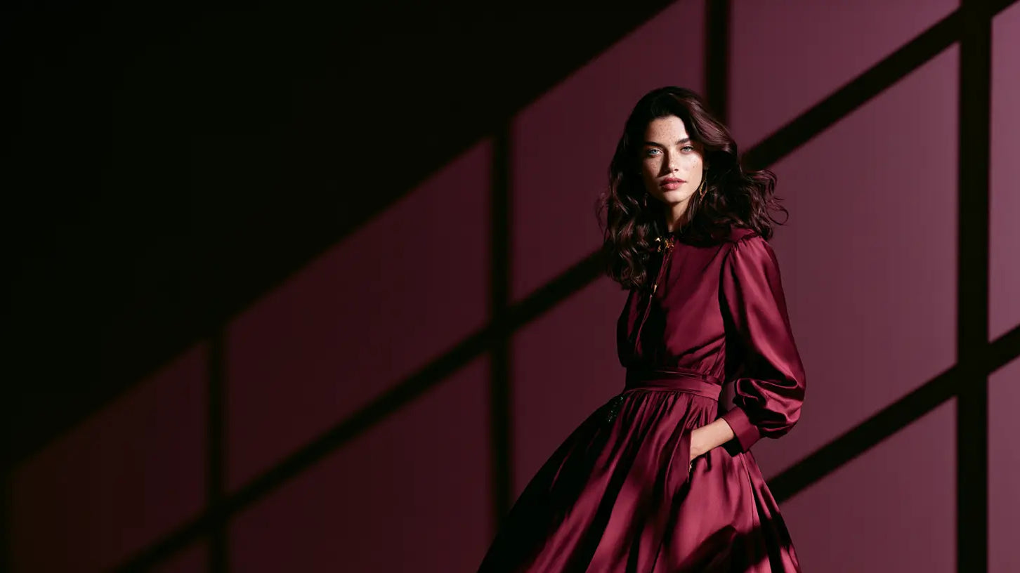Frau im Cassis-Samtkleid mit Gold-Schmuck vor mulberryfarbener Wand, Editorial-Licht – KI-generiert