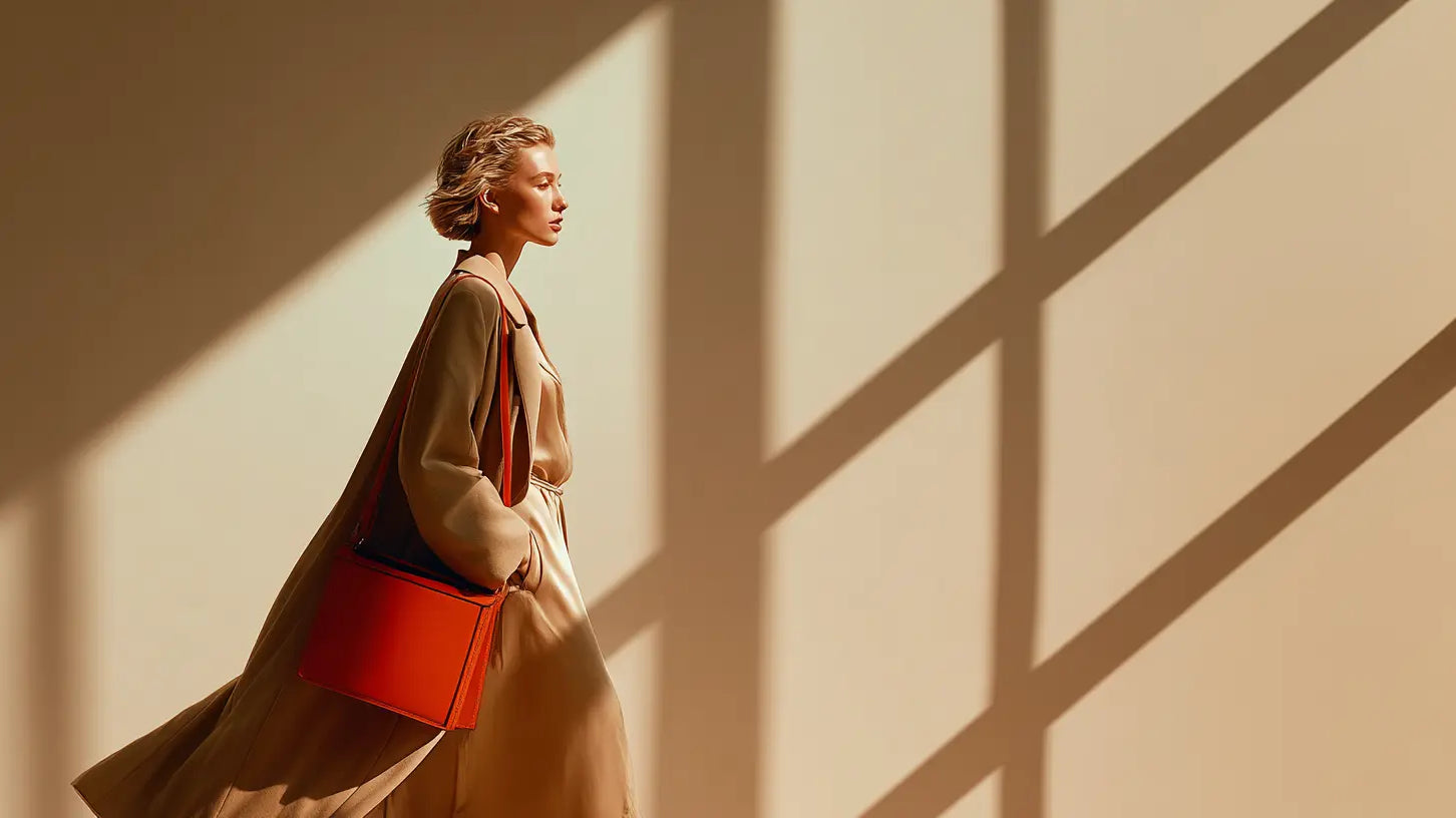 Frau im sandbeigen Kleid mit Camel-Mantel und roter Tasche vor beiger Wand, Fensterlicht @KI-Illustration: Midjourney