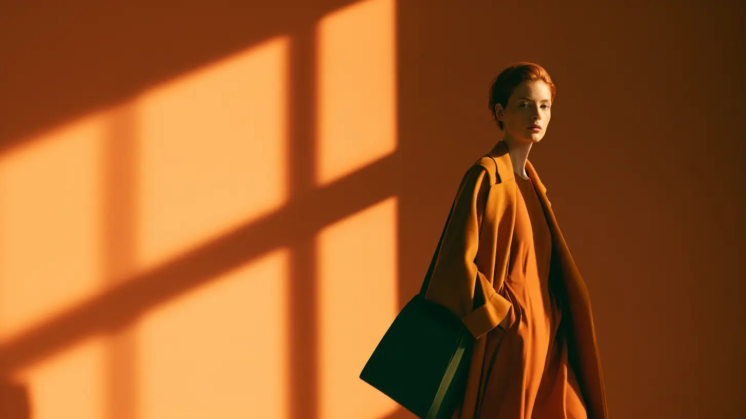 Frau im rost-ockerfarbenen Kleid mit Camel-Mantel vor warmer Rostwand, Editorial-Licht – KI-generiert