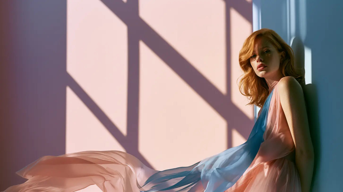 Frau im Color-Blocking-Pastellkleid mit Kobalt-Akzent vor zarter Pastellwand – KI-generiert