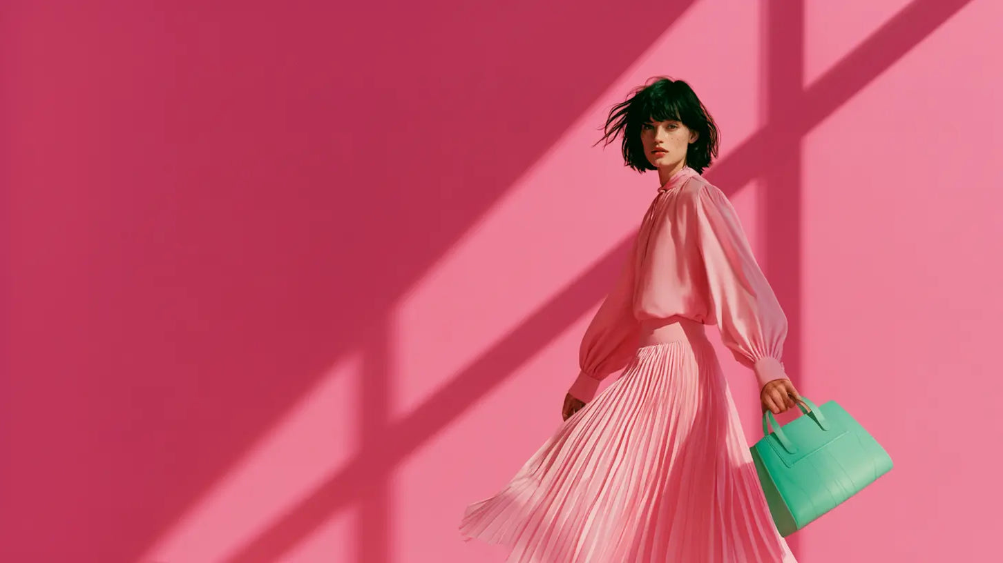 Frau im rosa Plisseerock mit Bluse und mintgrüner Tasche vor pinkfarbener Wand, Editorial-Look @KI-Illustration: Midjourney