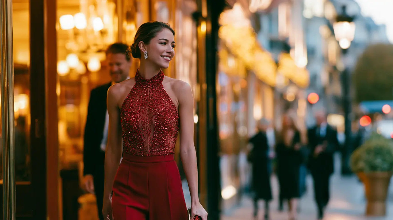 Frau im roten festlichen Jumpsuit mit Pailletten-Oberteil und Clutch, abends unterwegs zum Dinner mit Begleitung – KI-Illustration