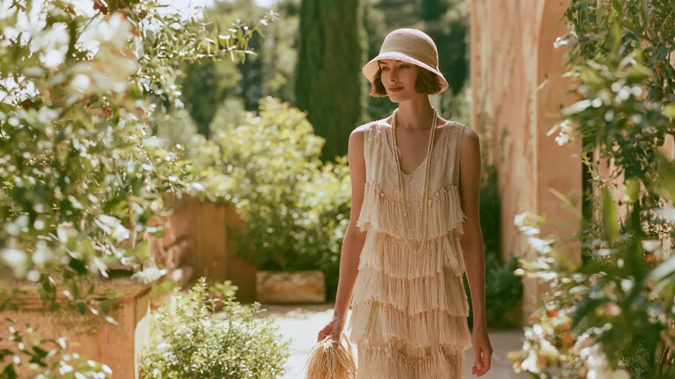 Frau im cremefarbenen Fransen-Flapperkleid mit Strohglockenhut, langer Perlenkette und Bast-Tasche auf einer sonnigen mediterranen Gartenterrasse – KI-Illustration
