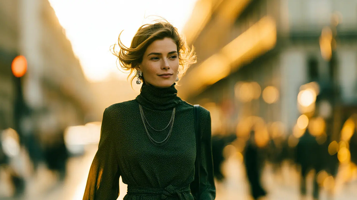 Frau im dunkelgrünen Rollkragenkleid mit langer Kette flaniert durch die herbstliche Stadt – KI-Illustration