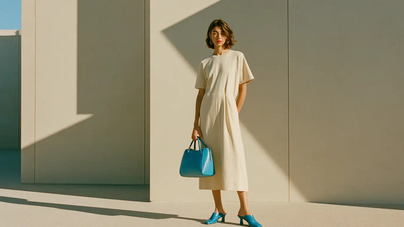 Frau im cremefarbenen T-Shirt-Kleid mit kobaltblauer Tasche und blauen Mules vor einer minimalistischen Betonwand mit grafischem Schattenspiel – KI-Illustration