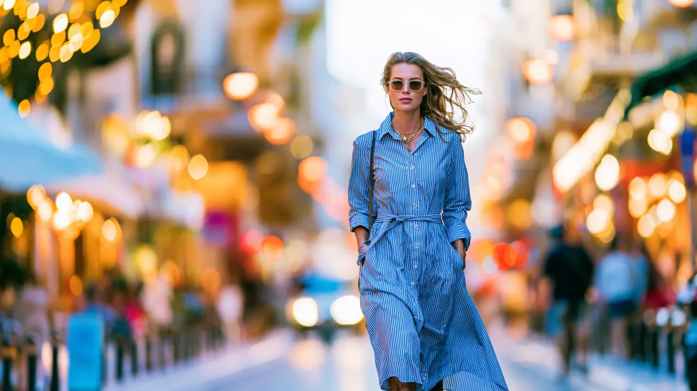 Frau im blau-weiß gestreiften langen Blusenkleid mit Gürtel flaniert durch eine lebendige Stadt – KI-Illustration