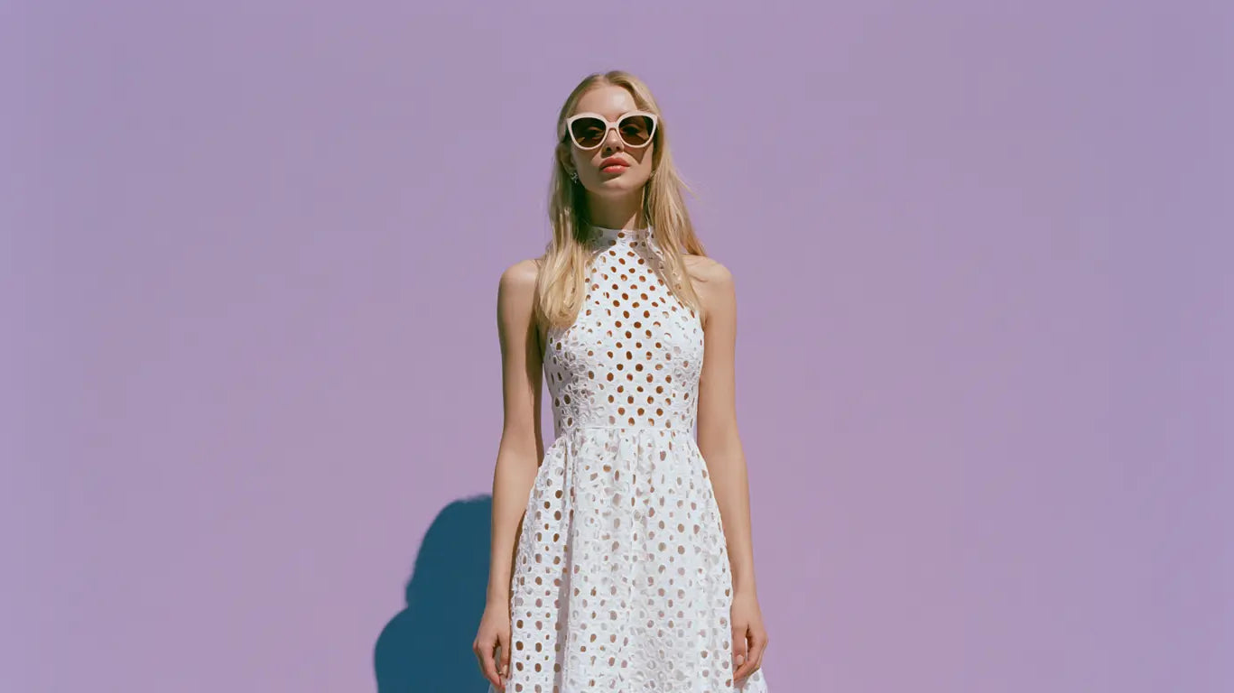Frau im weißen Lochstickerei-Kleid mit deutlich sichtbarem Eyelet-Muster und weißer Sonnenbrille vor fliederfarbenem Hintergrund – KI-Illustration