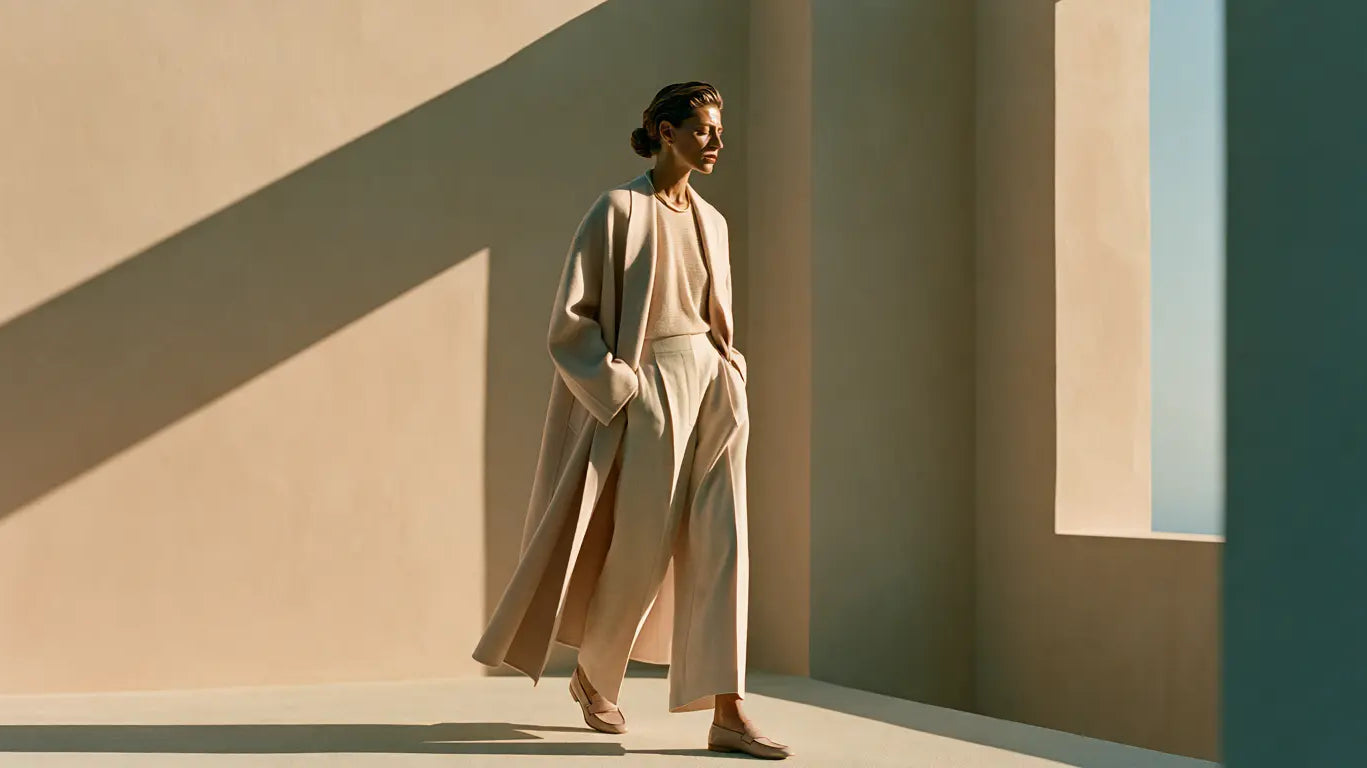 Frau im monochromen cremefarbenen Look – langer Mantel, Feinstrick und weite Hose – in einer minimalistischen Architektur mit klarem Schattenspiel – KI-Illustration
