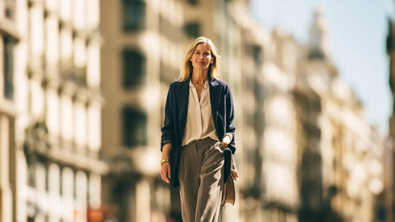 Frau in Marineblazer, cremefarbener Bluse und heller Stoffhose in sonniger Stadt – KI-Illustration
