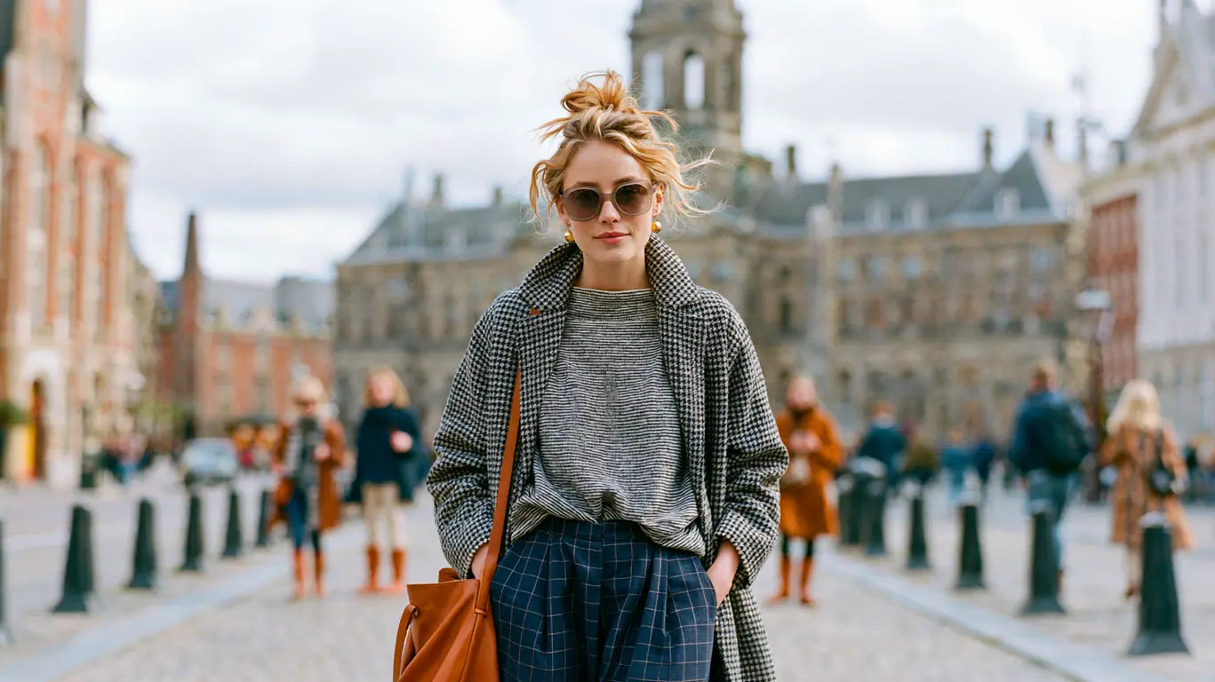 Frau im Streetstyle mit Hahnentritt-Mantel, meliertem Strickpulli und Karo-Hose, Cognac-Tasche, vor unscharfer Altstadt-Kulisse – KI-Illustration