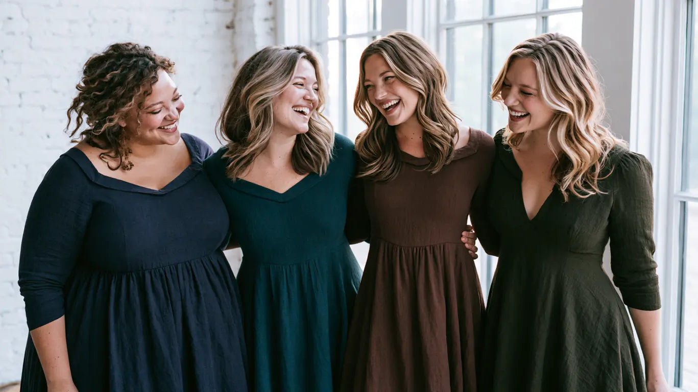 Vier Frauen mit unterschiedlichen Figuren in dunklen Kleidern lachen gemeinsam – KI-Illustration