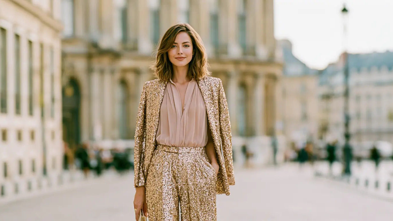 Frau in goldener Paillettenhose mit zartrosa Chiffonbluse, passendem Pailletten-Blazer und Clutch auf einer eleganten Pariser Straße – KI-Illustration