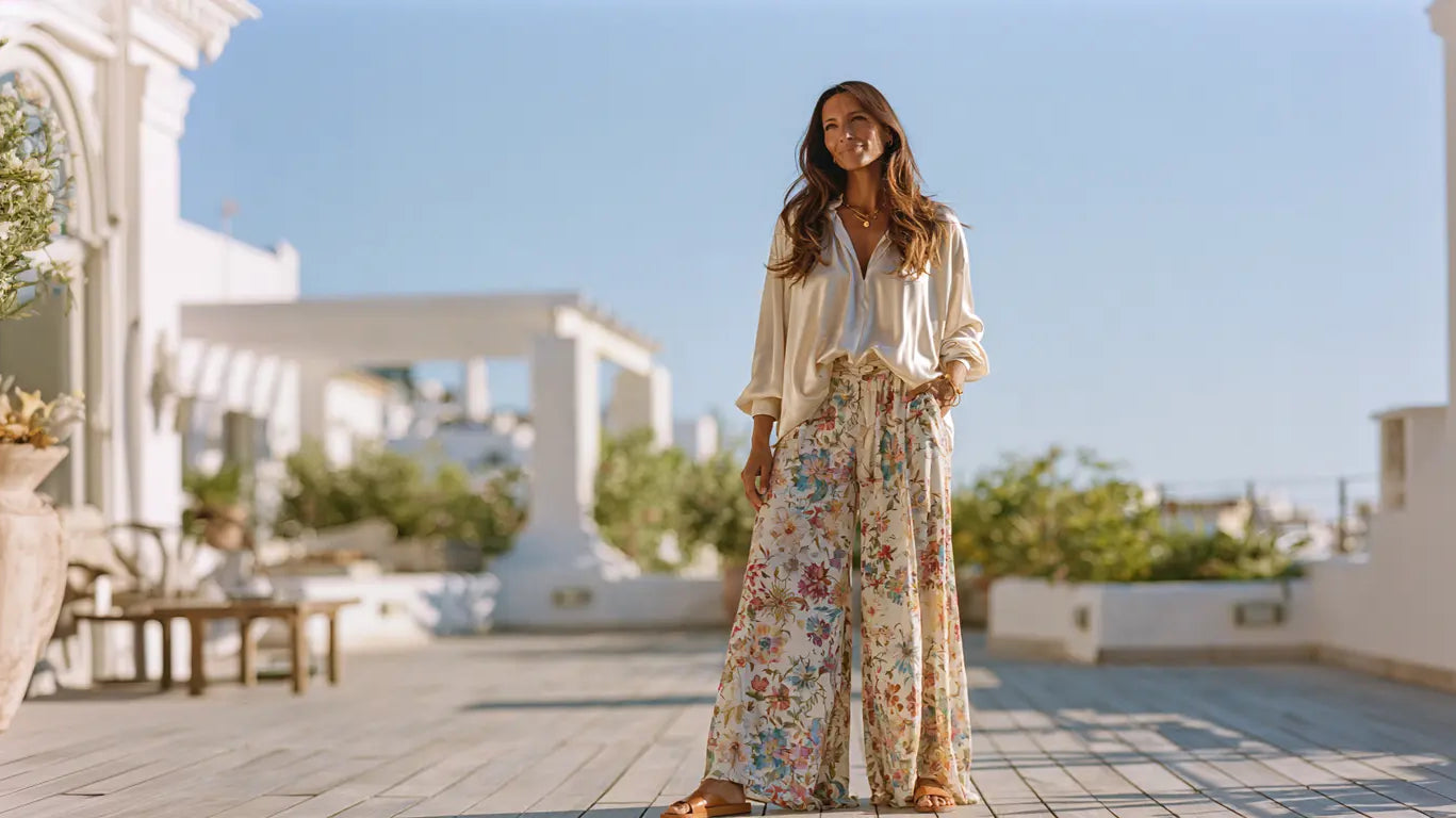 Frau in floral gemusterter weiter Sommerhose mit oversized cremefarbener Satinbluse auf einer sonnigen mediterranen Terrasse – KI-Illustration