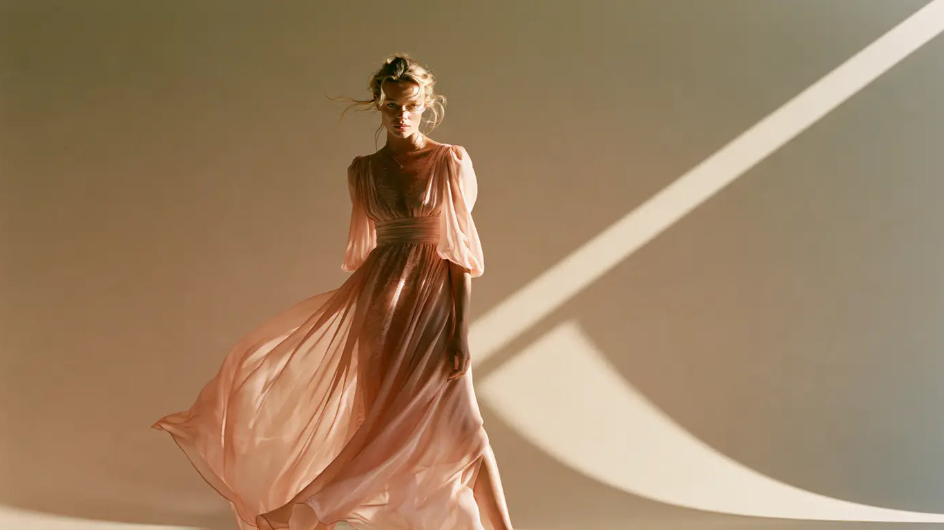 Frau in fließendem Maxikleid aus blush-farbenem Chiffon mit Puffärmeln, in Bewegung vor warmem Hintergrund mit Schattenspiel – KI-Illustration