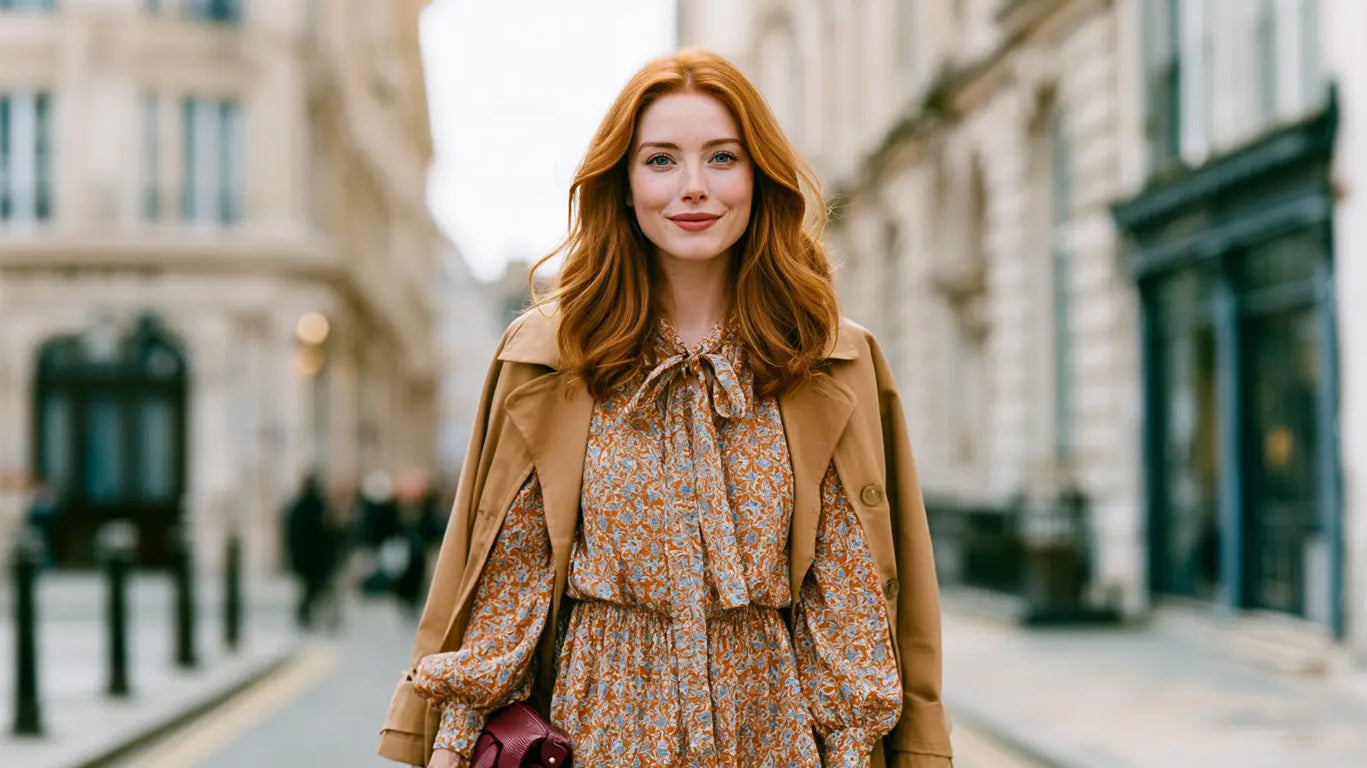 Rothaarige Frau im geblümten Schluppenkleid mit camelfarbenem Trenchcoat und beerenfarbener Tasche auf einer Pariser Altstadtstraße – KI-Illustration