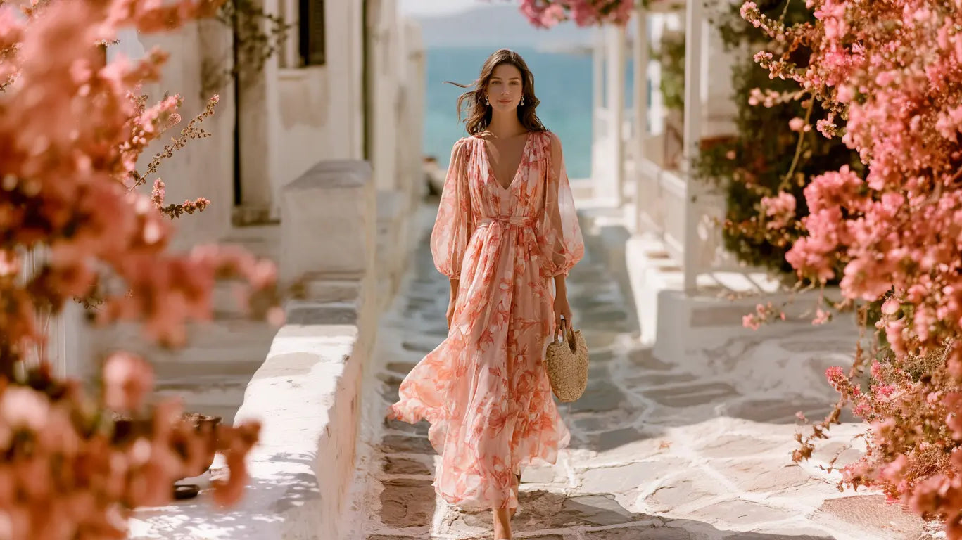 Frau im korallenfarbenen semitransparenten Blumen-Chiffonkleid mit durchscheinenden Ballonärmeln und Bast-Tasche in einer sonnigen mediterranen Gasse mit Bougainvillea und Meerblick – KI-Illustration
