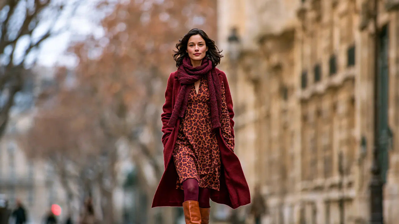 Frau im Leo-Kleid mit weinrotem Mantel, Schal und Cognac-Stiefeln auf Winterstraße – KI-Illustration