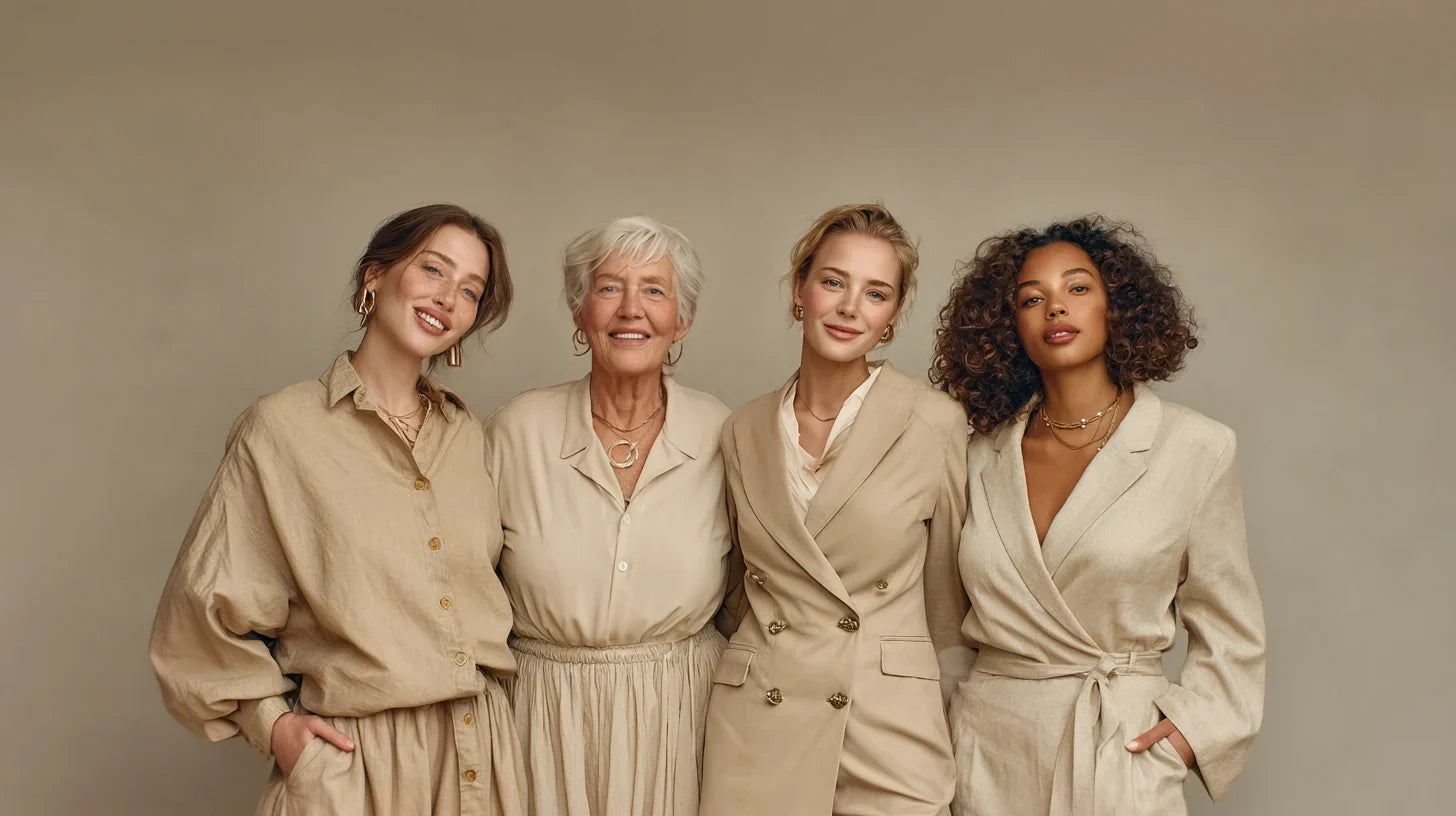 Vier Frauen unterschiedlicher Figurtypen und Altersgruppen in Beige- und Creme-Looks von Ana Alcazar, nebeneinander vor sandfarbenem Hintergrund @KI-Illustration: Midjourney