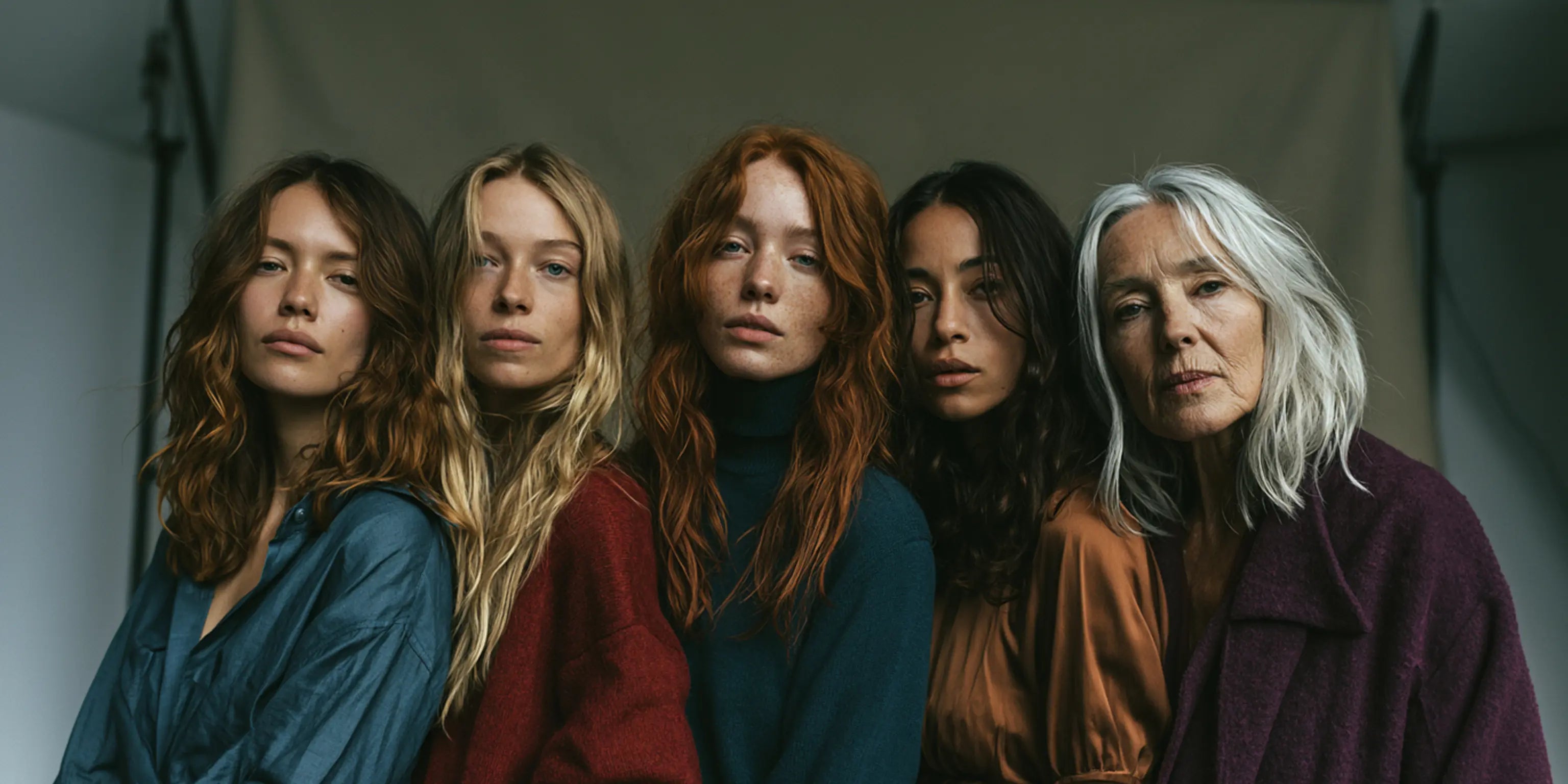 Fünf Frauen mit unterschiedlichen Haarfarben — Braun, Blond, Rot, Schwarz, Grau — Editorial-Diversity-Aufnahme