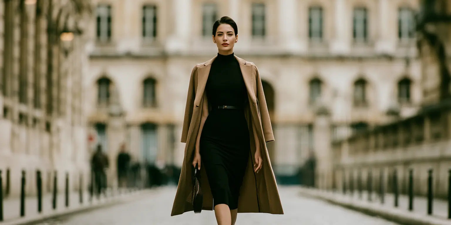 Frau im schwarzen Bleistiftkleid mit schmalem Gürtel und camelfarbenem Mantel auf einer eleganten europäischen Altstadtstraße – KI-Illustration