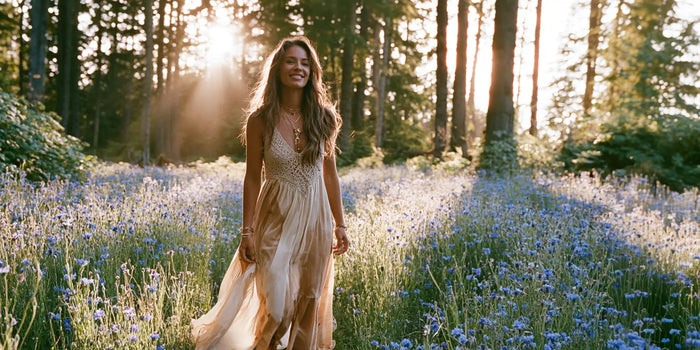 Frau im cremefarbenen Boho-Maxikleid mit Häkeldetail in einer Kornblumenwiese am Waldrand im goldenen Gegenlicht – KI-Illustration