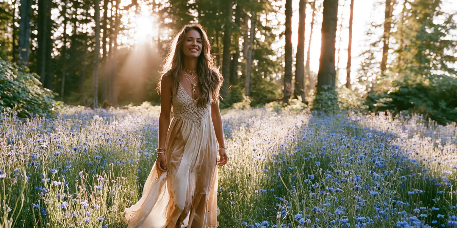 Frau im cremefarbenen Boho-Maxikleid mit Häkeldetail in einer Kornblumenwiese am Waldrand im goldenen Gegenlicht – KI-Illustration