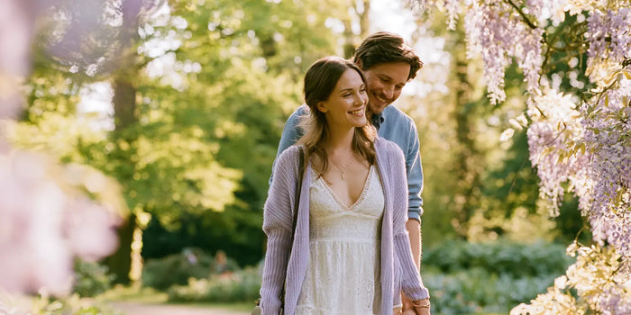 Braut im weißen Spitzenkleid mit fliederfarbenem Strickcardigan, Hand in Hand mit ihrem Partner in einem sonnigen Park voller Glyzinien – KI-Illustration