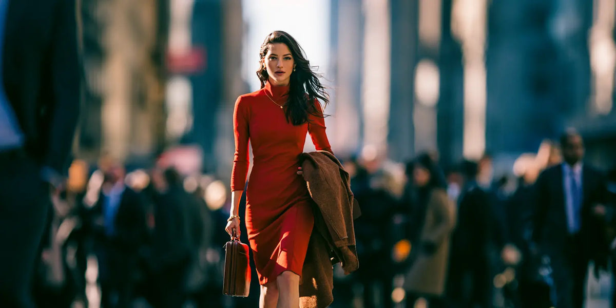 Frau im roten Business-Etuikleid mit Aktentasche und braunem Mantel über dem Arm, im Catwalk-Walk durch eine belebte New Yorker Straße voller Anzugträger – KI-Illustration