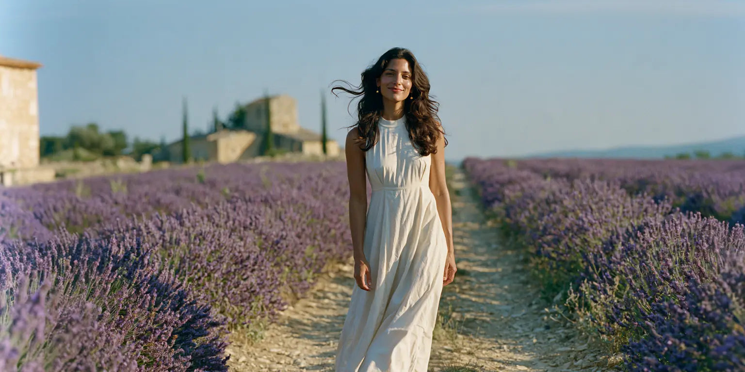 Frau mit dunklem Haar im cremefarbenen ärmellosen Sommerkleid auf einem Weg zwischen blühenden Lavendelfeldern in der Provence – KI-Illustration