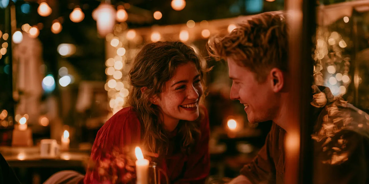 Junges Paar beim ersten Date im Kerzenlicht, sie in Rot, beide verliebt lachend – KI-Illustration