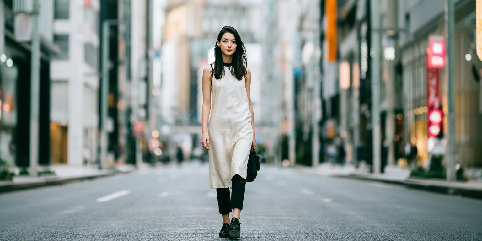Frau im cremefarbenen Kleid über schmaler schwarzer Hose im minimalistischen Tokyo-Streetstyle auf leerer Straße – KI-Illustration