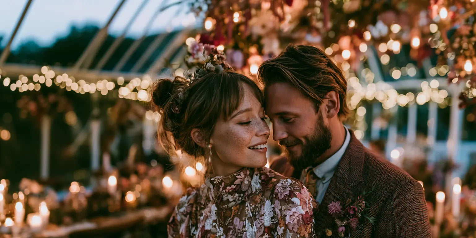 Junges Paar Stirn an Stirn bei einer Vintage-Hochzeit unter Lichterketten und Blumen – KI-Illustration