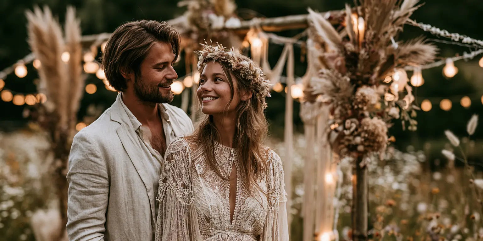Boho-Brautpaar mit Blumenkranz und Leinenanzug vor einer Makramee-Kulisse mit Pampasgras – KI-Illustration